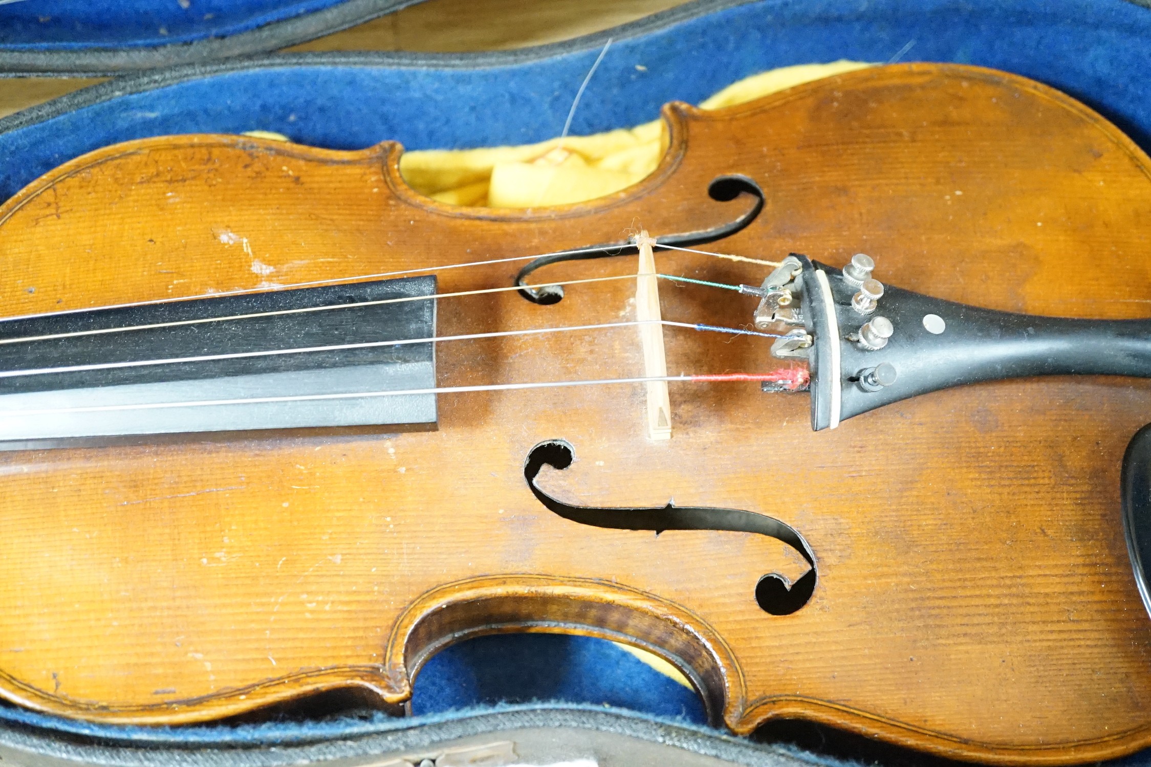 15 1/4 inch viola, cased, circa 1880 and a silver mounted bow with ivory tip, viola 65 cms long
